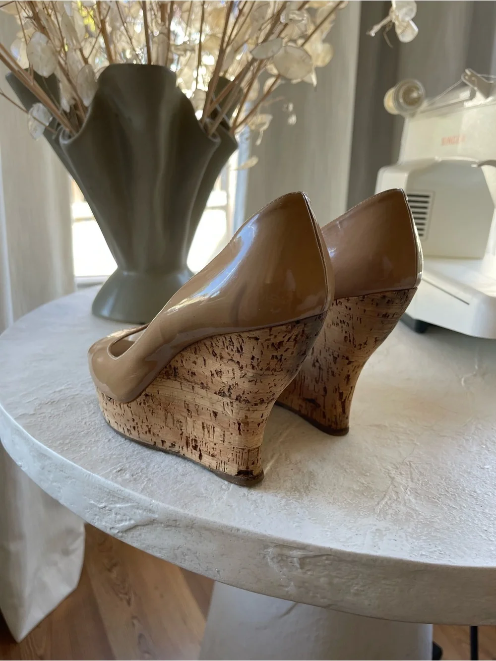 Miu Miu Nude Patent Cork Peep-Toe Wedge Pumps